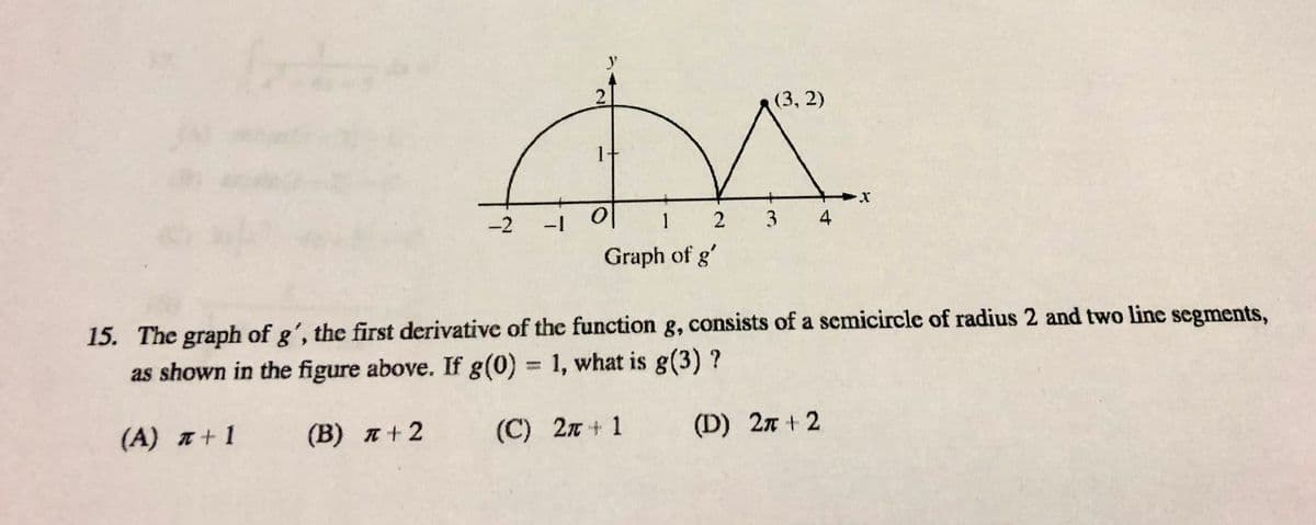 y
(3, 2)
-2 -I 0|
1 2 3
4
Graph of g'
15. The graph of g', the first derivative of the function g, consists of a scmicircle of radius 2 and two line segments,
as shown in the figure above. If g(0) = 1, what is g(3) ?
(A) +1
(B) A + 2
(C) 2n + 1
(D) 2л + 2
