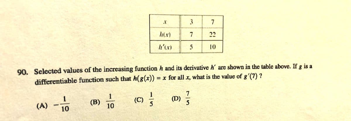 3
7
h(x)
7
22
h'(x)
5
10
90. Selected values of the increasing function h and its derivative h' are shown in the table above. If g is a
differentiable function such that h(g(x)) = x for all x, what is the value of g'(7) ?
7
(D)
5
1
1
(C)
(A)
(B)
10
10
1/5
