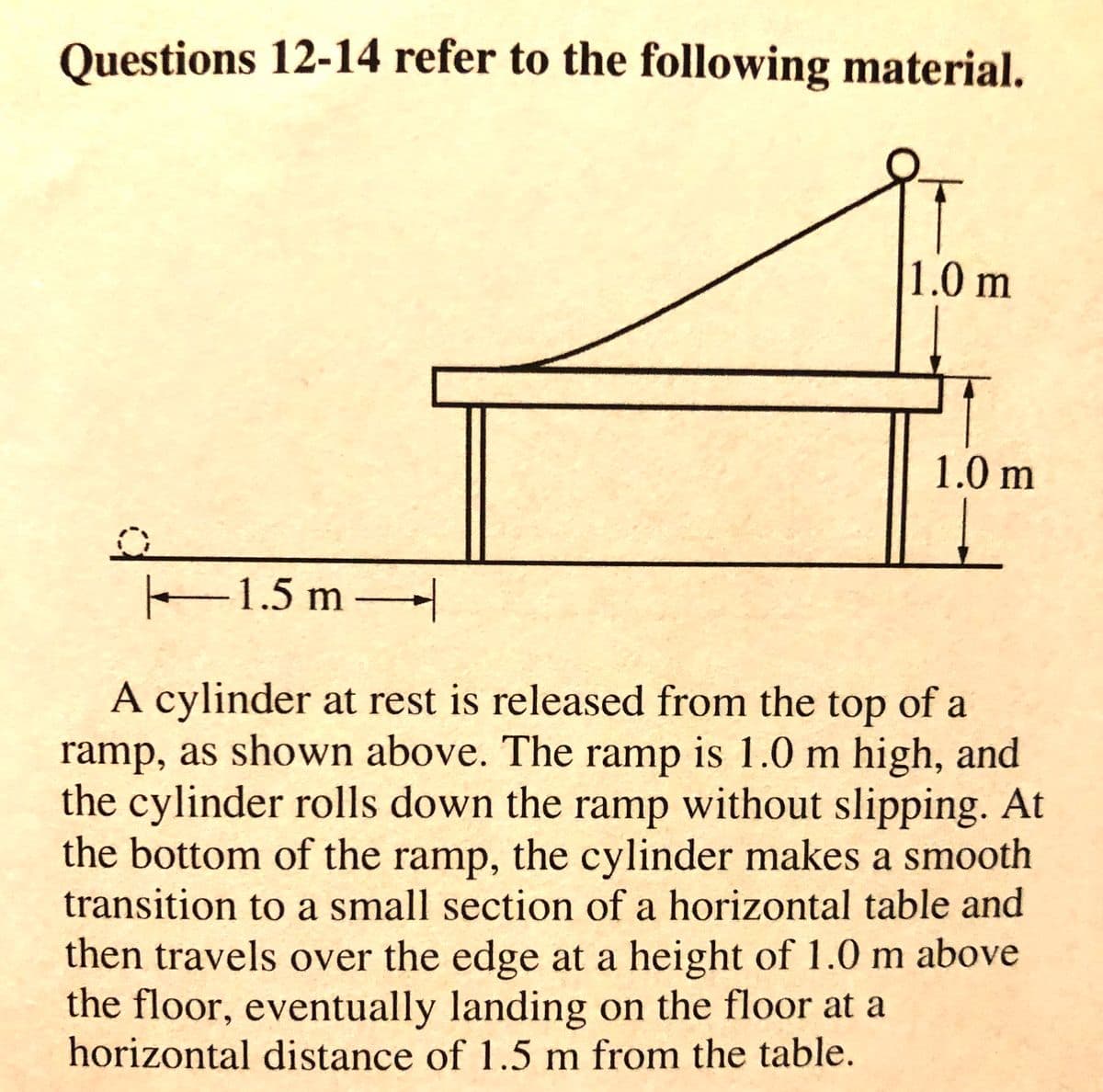 Questions 12-14 refer to the following material.
1.0 m
1.0 m
1.5 m
A cylinder at rest is released from the top of a
ramp, as shown above. The ramp is 1.0 m high, and
the cylinder rolls down the ramp without slipping. At
the bottom of the ramp, the cylinder makes a smooth
transition to a small section of a horizontal table and
then travels over the edge at a height of 1.0 m above
the floor, eventually landing on the floor at a
horizontal distance of 1.5 m from the table.
