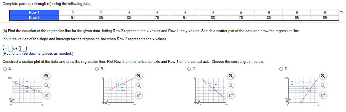 Complete parts (a) through (c) using the following data.
Row 1
1
1
4
4
4
4
5
6
Row 2
91
85
80
76
91
68
76
80
65
69
(b) Find the equation of the regression line for the given data, letting Row 2 represent the x-values and Row 1 the y-values. Sketch a scatter plot of the data and draw the regression line.
Input the values of the slope and intercept for the regression line when Row 2 represents the x-values.
y =x+ (D
(Round to three decimal places as needed.)
Construct a scatter plot of the data and draw the regression line. Plot Row 2 on the horizontal axis and Row 1 on the vertical axis. Choose the correct graph below.
O A.
OB.
OD.
100
100
100
