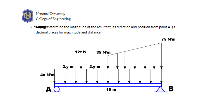 I National University
College of Engineering
1900
5. Determine the magnitude of the resultant, its direction and position from point A. (3
decimal places for magnitude and distance )
75 N/m
12z N
35 N/m
2.y m
2.y m
4x N/m
AO
B
10 m
