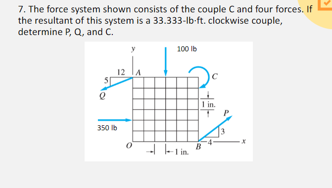 7. The force system shown consists of the couple C and four forces. If
the resultant of this system is a 33.333-lb-ft. clockwise couple,
determine P, Q, and C.
y
100 lb
12 A
5[
1 in.
350 lb
3
-| - in.
B
