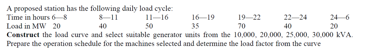 A proposed station has the following daily load cycle:
Time in hours 6–8
8–11
11–16
16–19
19–22
22-24
24-
Load in MW 20
40
50
35
70
40
20
Construct the load curve and select suitable generator units from the 10,000, 20,000, 25,000, 30,000 kVA.
Prepare the operation schedule for the machines selected and determine the load factor from the curve
