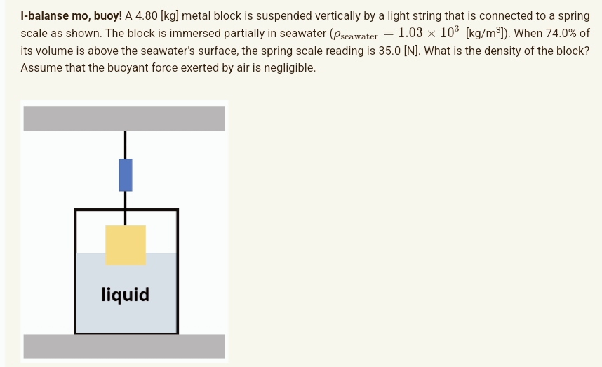 l-balanse mo, buoy! A 4.80 [kg] metal block is suspended vertically by a light string that is connected to a spring
scale as shown. The block is immersed partially in seawater (Pseawater = 1.03 × 10³ [kg/m³]). When 74.0% of
its volume is above the seawater's surface, the spring scale reading is 35.0 [N]. What is the density of the block?
Assume that the buoyant force exerted by air is negligible.
liquid