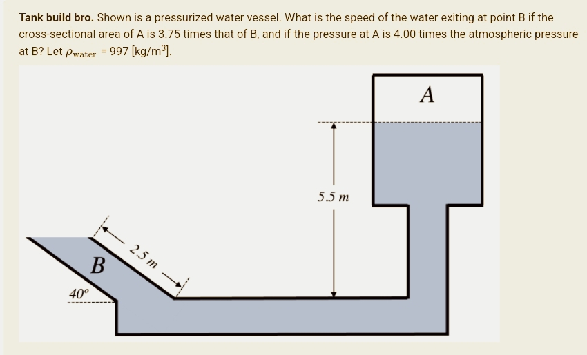 Tank build bro. Shown is a pressurized water vessel. What is the speed of the water exiting at point B if the
cross-sectional area of A is 3.75 times that of B, and if the pressure at A is 4.00 times the atmospheric pressure
at B? Let pwater = 997 [kg/m³].
A
5.5m
40°
B
2.5m