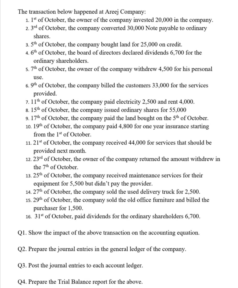 The transaction below happened at Areej Company:
1. 1st of October, the owner of the company invested 20,000 in the company.
2. 3rd of October, the company converted 30,000 Note payable to ordinary
shares.
3. 5th of October, the company bought land for 25,000 on credit.
4. 6th of October, the board of directors declared dividends 6,700 for the
ordinary shareholders.
5. 7th of October, the owner of the company withdrew 4,500 for his personal
use.
6. 9th of October, the company billed the customers 33,000 for the services
provided.
7. 11th of October, the company paid electricity 2,500 and rent 4,000.
8. 15th of October, the company issued ordinary shares for 55,000
9. 17th of October, the company paid the land bought on the 5th of October.
10. 19th of October, the company paid 4,800 for one year insurance starting
from the 1st of October.
11. 21* of October, the company received 44,000 for services that should be
provided next month.
12. 23rd of October, the owner of the company returned the amount withdrew in
the 7th of October.
13. 25th of October, the company received maintenance services for their
equipment for 5,500 but didn’t pay the provider.
14. 27th of October, the company sold the used delivery truck for 2,500.
15. 29th of October, the company sold the old office furniture and billed the
purchaser for 1,500.
16. 31* of October, paid dividends for the ordinary shareholders 6,700.
Q1. Show the impact of the above transaction on the accounting equation.
Q2. Prepare the journal entries in the general ledger of the company.
Q3. Post the journal entries to each account ledger.
Q4. Prepare the Trial Balance report for the above.
