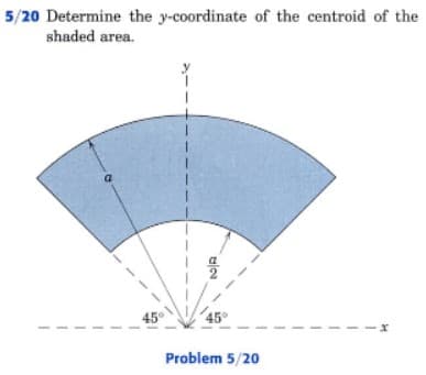 5/20 Determine the y-coordinate of the centroid of the
shaded area.
45
45°
--x
Problem 5/20
