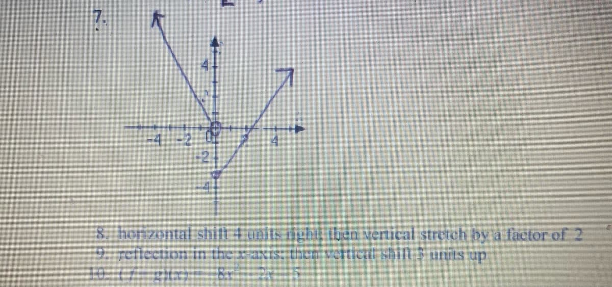 7.
-2
2
8. horizontal shift 4 units right, then vertical stretch by a factor of 2
9. reflection in the x-axis: then vertical shift 3 units up
10. (g)(x) 8r2r-5