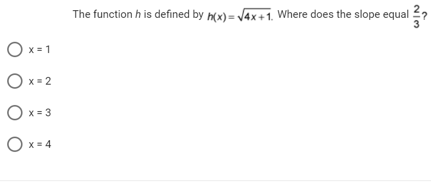 O x=1
Ox=2
Ox=3
Ox=4
The function h is defined by h(x)=√√4x+1. Where does the slope equal 3