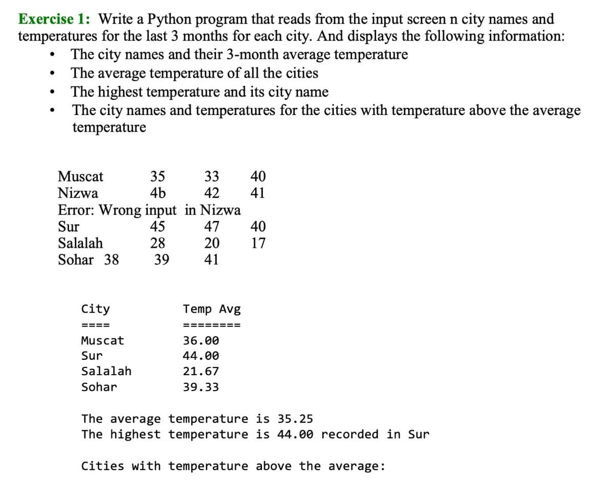 Exercise 1: Write a Python program that reads from the input screen n city names and
temperatures for the last 3 months for each city. And displays the following information:
The city names and their 3-month average temperature
The average temperature of all the cities
The highest temperature and its city name
The city names and temperatures for the cities with temperature above the average
temperature
Muscat
Nizwa
35
33
40
4b
42
41
Error: Wrong input in Nizwa
47
20
Sur
Salalah
45
40
28
17
Sohar 38
39
41
City
Temp Avg
====
========
Muscat
36.00
Sur
44.00
Salalah
21.67
Sohar
39.33
The average temperature is
The highest temperature is 44.00 recorded in Sur
.25
Cities with temperature above the average:

