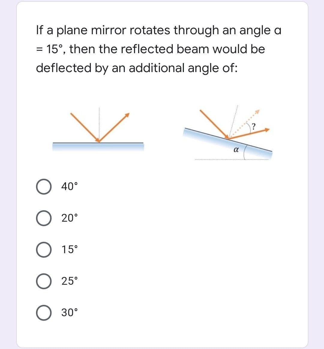 If a plane mirror rotates through an angle a
= 15°, then the reflected beam would be
deflected by an additional angle of:
a
40°
20°
15°
25°
30°
