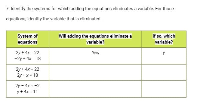 7. Identify the systems for which adding the equations eliminates a variable. For those
equations, identify the variable that is eliminated.
If so, which
System of
equations
Will adding the equations eliminate a
variable?
variable?
2y + 4x = 22
-2y + 4x = 18
Yes
y
%3!
2y + 4x = 22
2y +x = 18
2y - 4x = -2
y + 4x = 11
