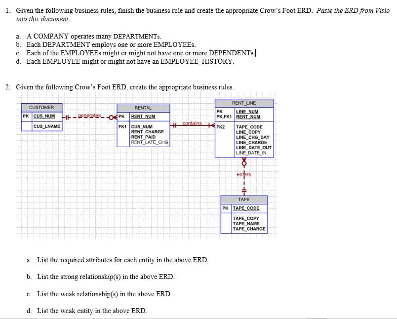 1. Given the following business rules, finish the business rule and create the appropriate Crow's Foot ERD. Paste the ERD from Visio
into this document.
a. A COMPANY operates many DEPARTMENTS.
b. Each DEPARTMENT employs one or more EMPLOYEES.
c. Each of the EMPLOYEES might or might not have one or more DEPENDENTS]
d. Each EMPLOYEE might or might not have an EMPLOYEE_HISTORY.

