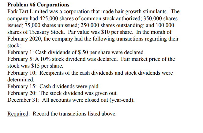 Problem #6 Corporations
Fark Tart Limited was a corporation that made hair growth stimulants. The
company had 425,000 shares of common stock authorized; 350,000 shares
issued; 75,000 shares unissued; 250,000 shares outstanding; and 100,000
shares of Treasury Stock. Par value was $10 per share. In the month of
February 2020, the company had the following transactions regarding their
stock:
February 1: Cash dividends of $.50 per share were declared.
February 5: A 10% stock dividend was declared. Fair market price of the
stock was $15 per share.
February 10: Recipients of the cash dividends and stock dividends were
determined.
February 15: Cash dividends were paid.
February 20: The stock dividend was given out.
December 31: All accounts were closed out (year-end).
Required: Record the transactions listed above.
