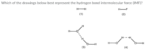 Which of the drawings below best represent the hydrogen bond intermolecular force (IMF)?
H H
H-F
(1)
(2)
H-H
--
(3)
(4)
