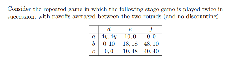 Consider the repeated game in which the following stage game is played twice in
succession, with payoffs averaged between the two rounds (and no discounting).
d
f
0,0
18, 18 48, 10
10, 48 40, 40
e
а 4у, 4у 10,0
0, 10
0,0
