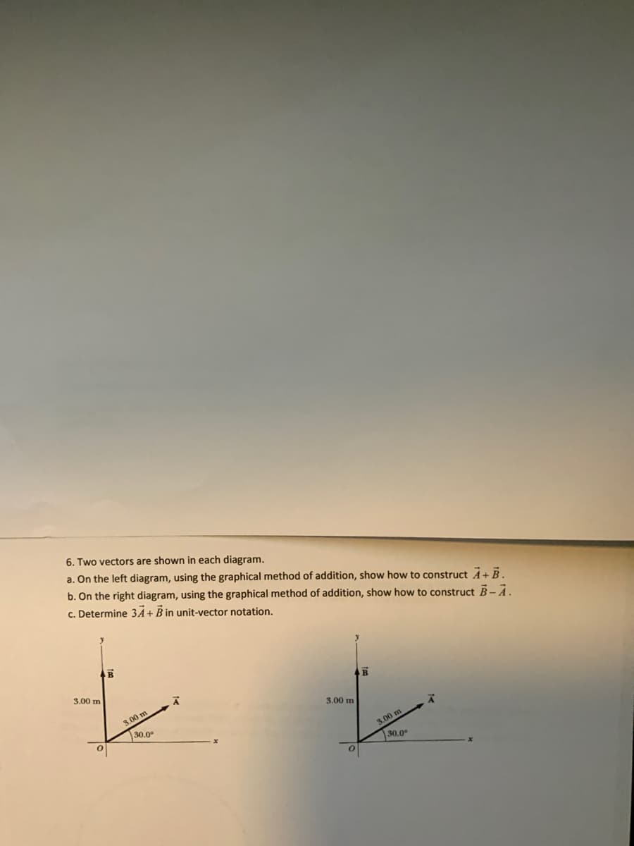 6. Two vectors are shown in each diagram.
a. On the left diagram, using the graphical method of addition, show how to construct A+B.
b. On the right diagram, using the graphical method of addition, show how to construct B-A.
c. Determine 3Ã+B in unit-vector notation.
3.00 m
B
3.00 m
3.00 m
30.00
3.00 m.
30.0°
