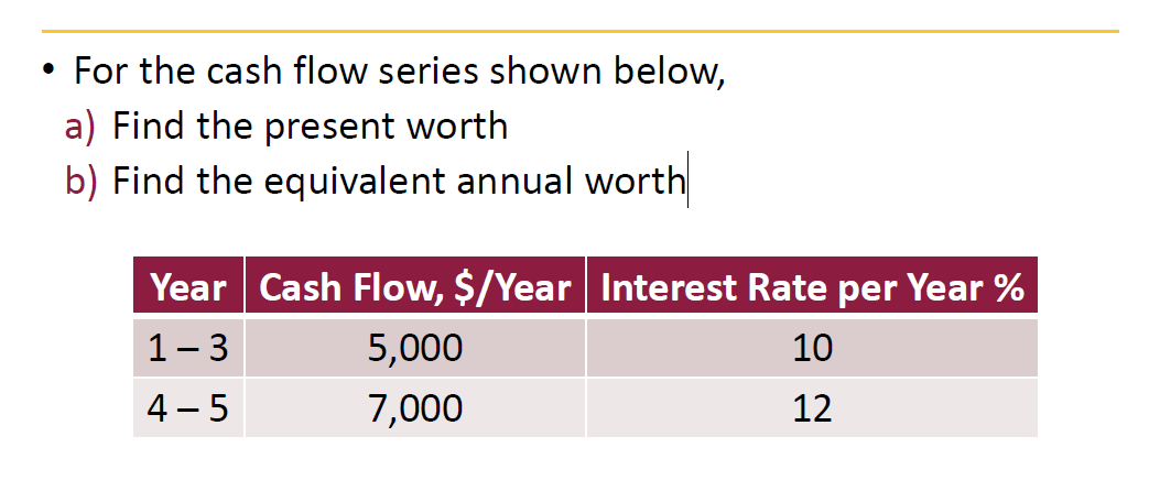• For the cash flow series shown below,
a) Find the present worth
b) Find the equivalent annual worth
Year Cash Flow, $/Year Interest Rate per Year %
1-3
5,000
10
4 – 5
7,000
12
