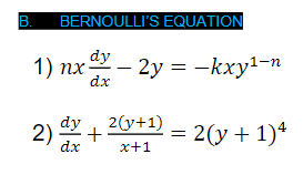 BERNOULLI'S EQUATION
dy
1) пх-
dx
x- 2y = -kxy1-n
dy 2(y+1)
2)
2(у + 1)4
dx
x+1
