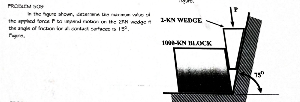 igure,
PROBLEM 509
In the figure shown, determine the maxımum value of
the applied force P to impend motion on the 2KN wedge if
the angle of fnction for all contact surfaces is 15°.
Figure,
2-KN WEDGE
1000-KN BLOCK
750
