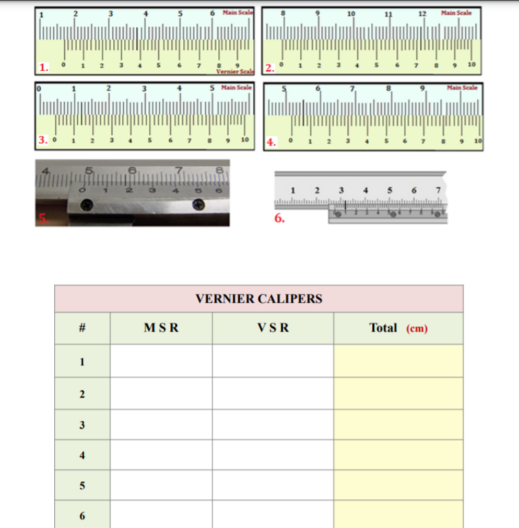 6 Main Scale
10
12
Main Scale
10
1.
1
Vernier Scale
5 Main Scale
Main Scale
|3. о
4.
10
10
5 6
7
6.
VERNIER CALIPERS
#
MSR
VSR
Total (cm)
1
2
3
4
5
