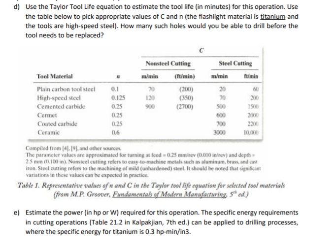 d) Use the Taylor Tool Life equation to estimate the tool life (in minutes) for this operation. Use
the table below to pick appropriate values of C and n (the flashlight material is titanium and
the tools are high-speed steel). How many such holes would you be able to drill before the
tool needs to be replaced?
Nonsteel Cutting
Steel Cutting
Tool Material
m/min
(f/min)
m/min
f/min
Plain carbon tool steel
0.1
70
(200)
(350)
(2700)
20
60
High-speed steel
0.125
120
70
200
Cemented carbide
0.25
900
S00
1500
Cermet
0.25
600
2000
Coated carbide
0.25
700
2200
Ceramic
0.6
3000
10,000
Compiled from (4). [9), and other sources.
The parameter values are approximated for turning at feed = 0.25 mm/rev (0.010 in/rev) and depth -
2.5 mm (0.100 in). Nonsteel cutting refers to easy-to-machine metals such as aluminum, brass, and cast
iron. Steel cutting refers to the machining of mild (unhardened) steel. It should be noted that significant
variations in these values can be expected in practice.
Table 1. Representative values of n and C in the Taylor tool life equation for selected tool materials
(from M.P. Groover, Fundamentals of Modern Manufacturing, 5* ed.)
e) Estimate the power (in hp or W) required for this operation. The specific energy requirements
in cutting operations (Table 21.2 in Kalpakjian, 7th ed.) can be applied to drilling processes,
where the specific energy for titanium is 0.3 hp-min/in3.
