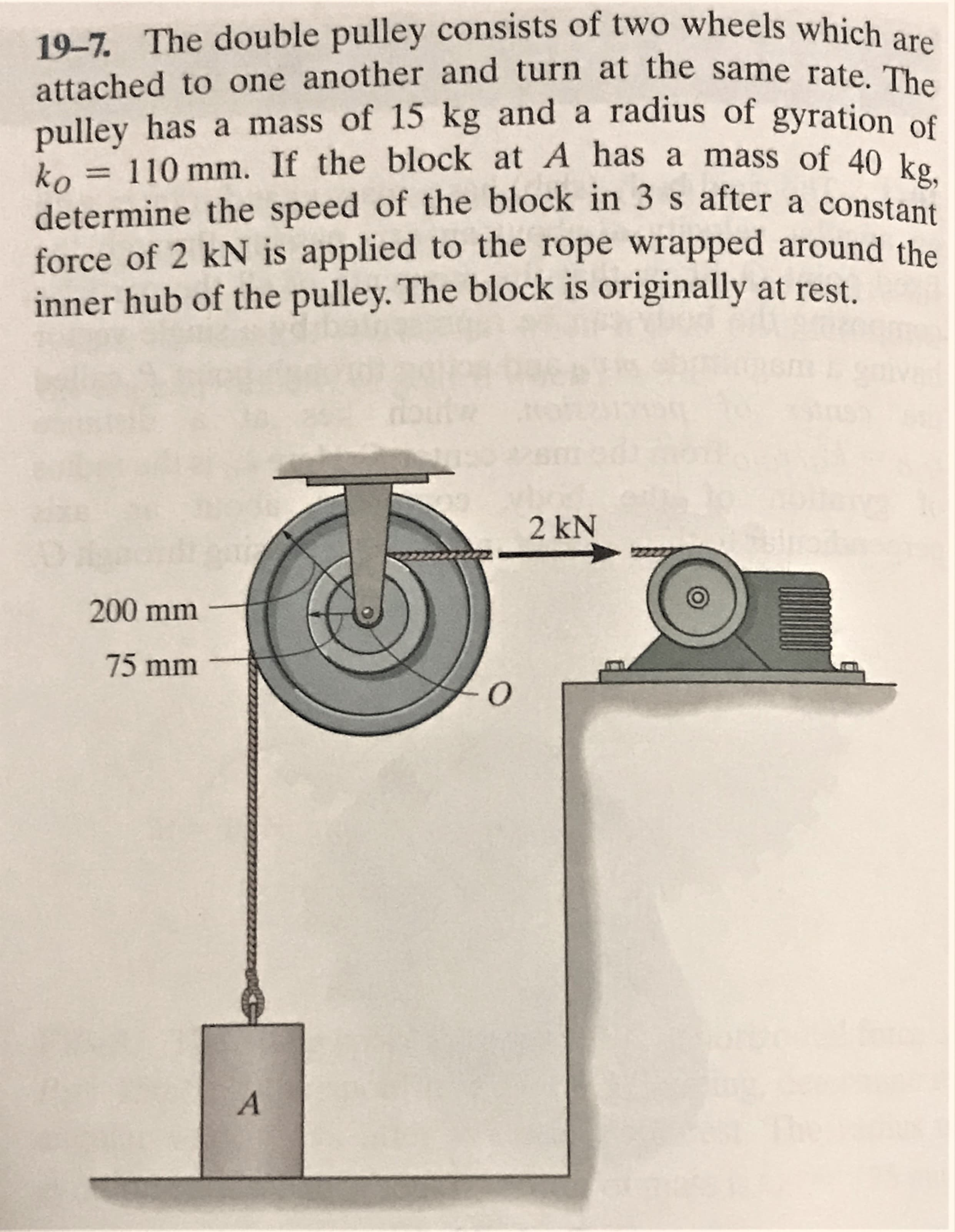 19-7. The double pulley consists of two wheels which are
attached to one another and turn at the same rate. The
pulley has a mass of 15 kg and a radius of gyration of
110 mm. If the block at A has a mass of 40 kg,
ko
determine the speed of the block in 3s after a constant
force of 2 kN is applied to the rope wrapped around the
inner hub of the pulley. The block is originally at rest.
2 kN
200 mm
75 mm
