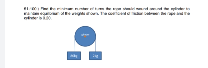 51-100.) Find the minimum number of turns the rope should wound around the cylinder to
maintain equilibrium of the weights shown. The coefficient of friction between the rope and the
cylinder is 0.20.
cylinder
B0kg
2kg
