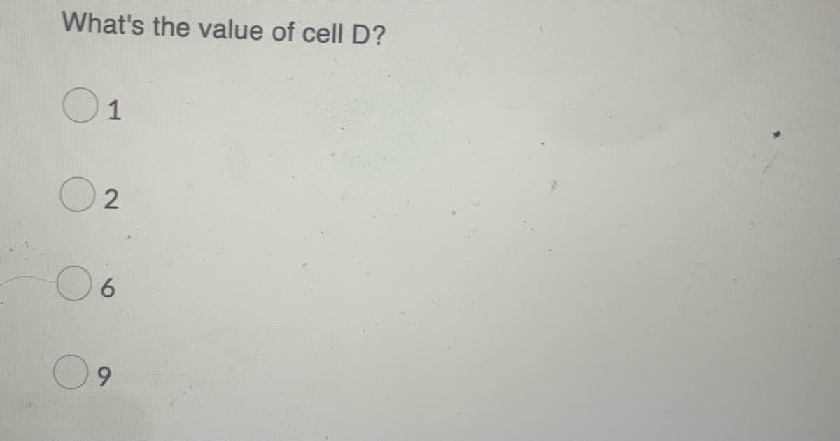 What's the value of cell D?
1
6.
9.
