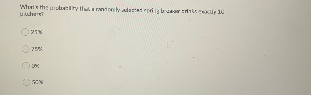 What's the probability that a randomly selected spring breaker drinks exactly 10
pitchers?
25%
75%
0%
50%
