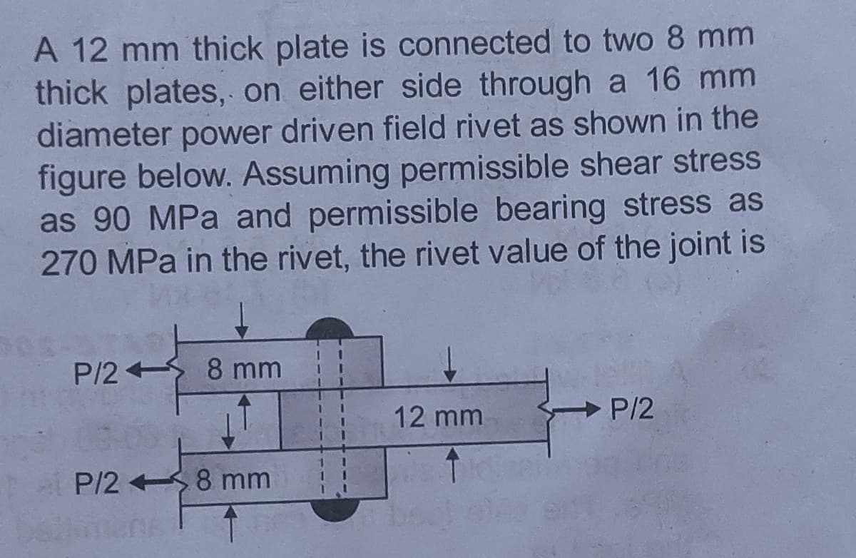 A 12 mm thick plate is connected to two 8 mm
thick plates, on either side through a 16 mm
diameter power driven field rivet as shown in the
figure below. Assuming permissible shear stress
as 90 MPa and permissible bearing stress as
270 MPa in the rivet, the rivet value of the joint is
P/2 8 mm
12 mm
P/2
P/2 8 mm
