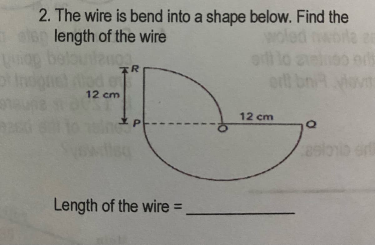 2. The wire is bend into a shape below. Find the
e16n length of the wire
12 cm
12 cm
Length of the wire =
