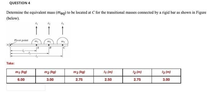 QUESTION 4
Determine the equivalent mass (meq) to be located at C for the transitional masses connected by a rigid bar as shown in Figure
(below).
Pivot point m
Take:
my (kg)
6.00
A
m₂
B
m2 (kg)
3.00
My
IC
m3 (kg)
2.75
11 (m)
2.50
12 (m)
2.75
13 (m)
3.00