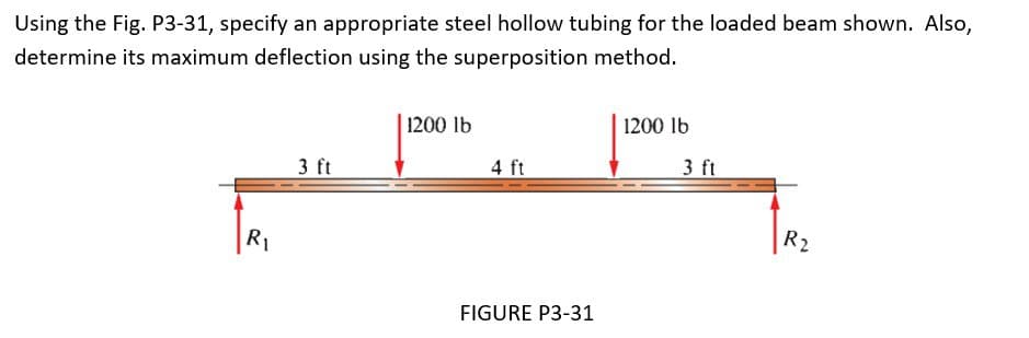 Using the Fig. P3-31, specify an appropriate steel hollow tubing for the loaded beam shown. Also,
determine its maximum deflection using the superposition method.
R₁
3 ft
1200 lb
4 ft
FIGURE P3-31
1200 lb
3 ft
R2