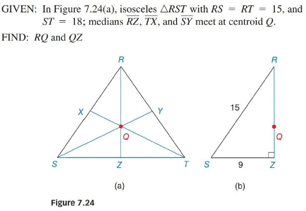 GIVEN: In Figure 7.24(a), isosceles ARST with RS = RT = 15, and
ST = 18; medians RZ, TX, and SY meet at centroid Q.
FIND: RQ and QZ
R
15
Y
I S
(a)
(b)
Figure 7.24
N
