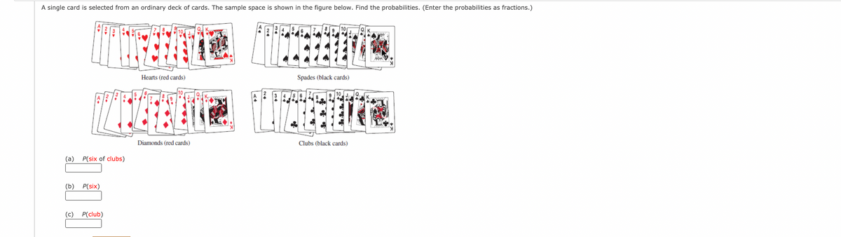 A single card is selected from an ordinary deck of cards. The sample space is shown in the figure below. Find the probabilities. (Enter the probabilities as fractions.)
Hearts (red cards)
Spades (black cards)
9 10
Diamonds (red cards)
Clubs (black cards)
(a)
P(six of clubs)
(b)
P(six)
(c)
P(club)

