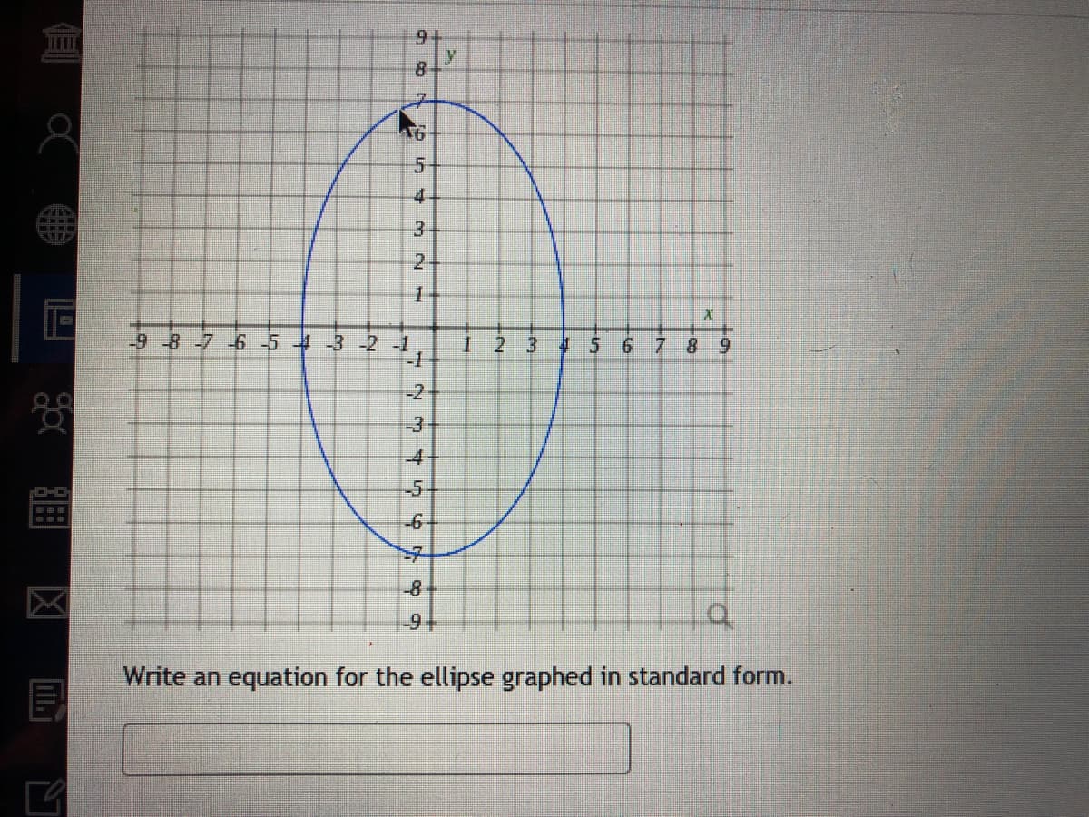 8.
5-
4.
3
2.
-9-8
-3 -2 -1
1 2
-1
3.
456 7
8.
6.
-2
-3
-4
-5
-8-
区
Write an equation for the ellipse graphed in standard form.
