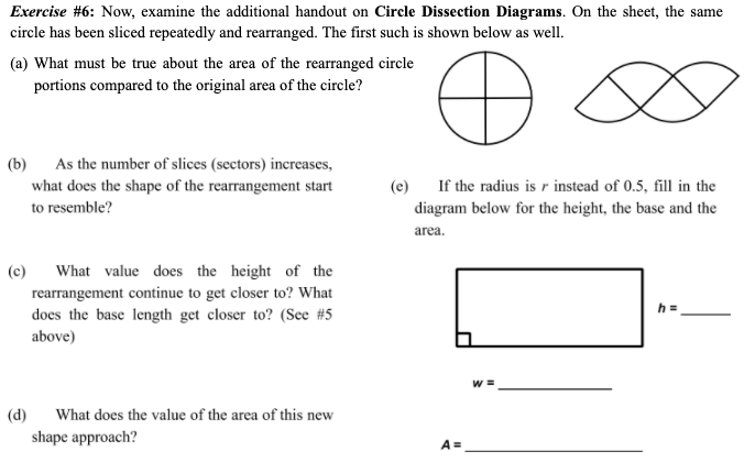 Exercise #6: Now, examine the additional handout on Circle Dissection Diagrams. On the sheet, the same
circle has been sliced repeatedly and rearranged. The first such is shown below as well.
(a) What must be true about the area of the rearranged circle
portions compared to the original area of the circle?
(b)
As the number of slices (sectors) increases,
what does the shape of the rearrangement start
(e) If the radius is r instead of 0.5, fill in the
to resemble?
diagram below for the height, the base and the
area.
What value does the height of the
rearrangement continue to get closer to? What
does the base length get closer to? (See #5
(c)
h=
above)
W =
(d)
What does the value of the area of this new
shape approach?
A =
