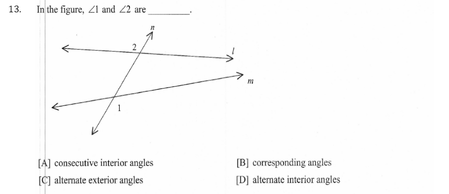 13.
In the figure, Z1 and 2 are
2
1
[A] consecutive interior angles
[B] corresponding angles
[C] alternate exterior angles
[D] alternate interior angles
