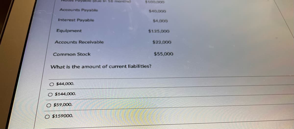 rable (due In 18 monthe)
$100,000
Accounts Payable
$40,000
Interest Payable
$4,000
Equipment
$125,000
Accounts Receivable
$22,000
Common Stock
$55,000
What is the amount of current liabilities?
O $44,000.
O $144,000.
O $59,000.
O $159000.
