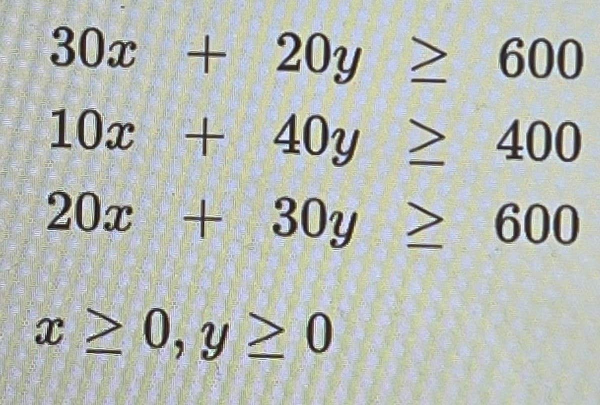 30x + 20y ≥ 600
10x + 40y >
400
20x + 30y
600
x ≥ 0, y ≥0
