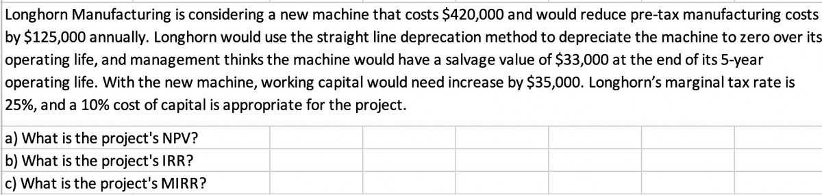 Longhorn Manufacturing is considering a new machine that costs $420,000 and would reduce pre-tax manufacturing costs
by $125,000 annually. Longhorn would use the straight line deprecation method to depreciate the machine to zero over its
operating life, and management thinks the machine would have a salvage value of $33,000 at the end of its 5-year
operating life. With the new machine, working capital would need increase by $35,000. Longhorn's marginal tax rate is
25%, and a 10% cost of capital is appropriate for the project.
a) What is the project's NPV?
b) What is the project's IRR?
c) What is the project's MIRR?