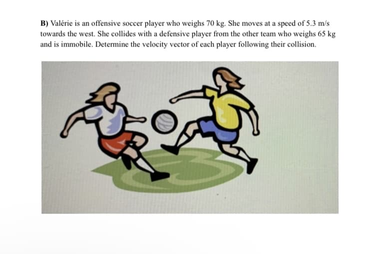 B) Valérie is an offensive soccer player who weighs 70 kg. She moves at a speed of 5.3 m/s
towards the west. She collides with a defensive player from the other team who weighs 65 kg
and is immobile. Determine the velocity vector of each player following their collision.

