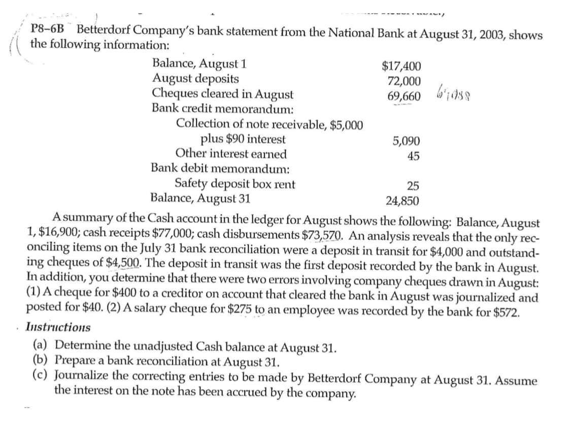 P8-6B
Betterdorf Company's bank statement from the National Bank at August 31, 2003, shows
the following information:
Balance, August 1
August deposits
Cheques cleared in August
Bank credit memorandum:
Collection of note receivable, $5,000
$17,400
72,000
69,660
plus $90 interest
5,090
Other interest earned
45
Bank debit memorandum:
Safety deposit box rent
Balance, August 31
25
24,850
A summary of the Cash account in the ledger for August shows the following: Balance, August
1, $16,900; cash receipts $77,000; cash disbursements $73,570. An analysis reveals that the only rec-
onciling items on the July 31 bank reconciliation were a deposit in transit for $4,000 and outstand-
ing cheques of $4,500. The deposit in transit was the first deposit recorded by the bank in August.
In addition, you determine that there were two errors involving company cheques drawn in August:
(1) A cheque for $400 to a creditor on account that cleared the bank in August was journalized and
posted for $40. (2) A salary cheque for $275 to an employee was recorded by the bank for $572.
Instructions
(a) Determine the unadjusted Cash balance at August 31.
(b) Prepare a bank reconciliation at August 31.
(c) Journalize the correcting entries to be made by Betterdorf Company at August 31. Assume
the interest on the note has been accrued by the company.
