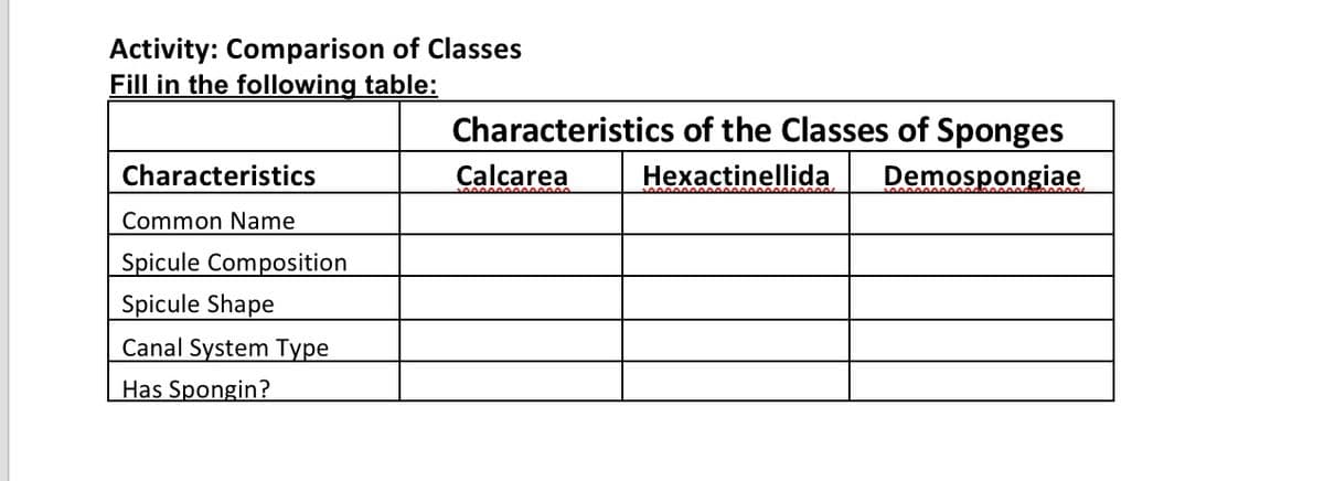 Activity: Comparison of Classes
Fill in the following table:
Characteristics of the Classes of Sponges
Characteristics
Calcarea
Hexactinellida
Demospongiae
Common Name
Spicule Composition
Spicule Shape
Canal System Type
Has Spongin?
