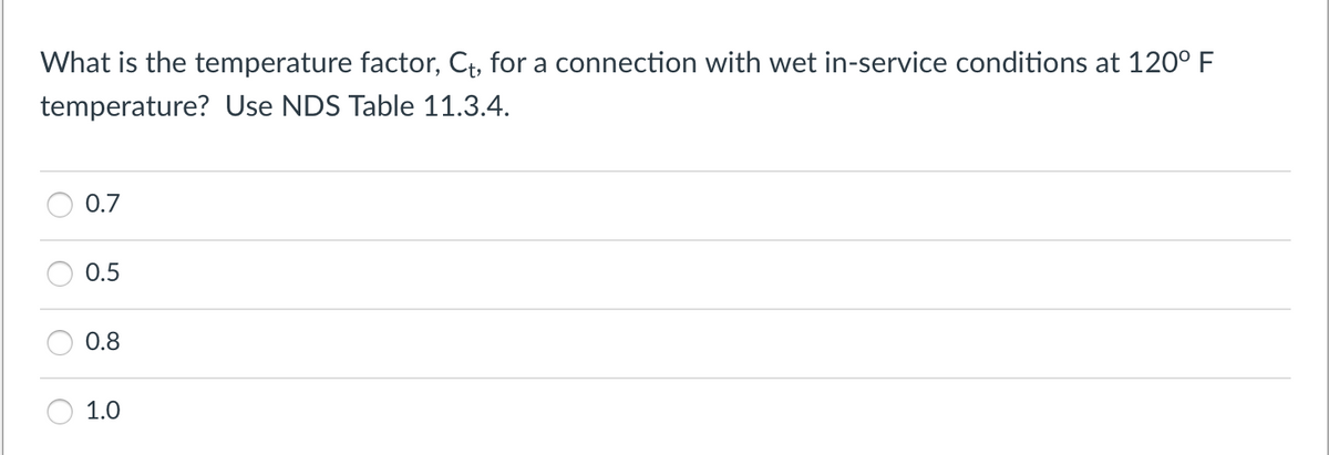 What is the temperature factor, Ct, for a connection with wet in-service conditions at 120° F
temperature? Use NDS Table 11.3.4.
0.7
0.5
0.8
1.0
