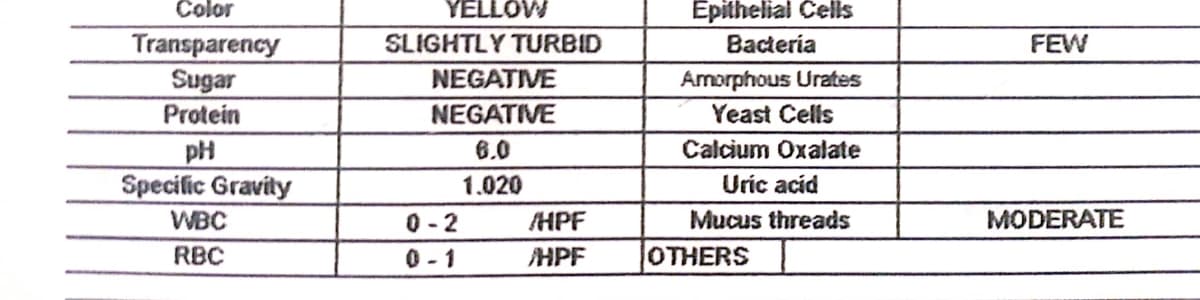 Color
YELLOW
Epithelial Čells
FEW
Transparency
Sugar
SLIGHTLY TURBID
Bactería
NEGATIVE
Amorphous Urates
Protein
NEGATIVE
Yeast Cells
pH
Specific Gravity
6.0
Calcium Oxalate
1.020
Uric acid
WBC
0- 2
HPF
Mucus threads
MODERATE
RBC
0-1
HPF
OTHERS
