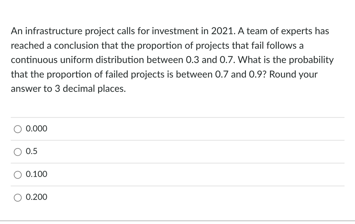 An infrastructure project calls for investment in 2021. A team of experts has
reached a conclusion that the proportion of projects that fail follows a
continuous uniform distribution between 0.3 and 0.7. What is the probability
that the proportion of failed projects is between 0.7 and 0.9? Round your
answer to 3 decimal places.
0.000
0.5
0.100
0.200

