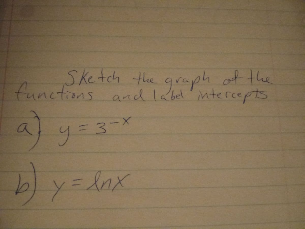 Sketch the qraph of the
functions and label'ntercepts
4.
2)
X-
y=
by=lnx
