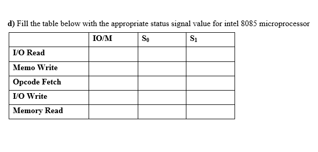 d) Fill the table below with the appropriate status signal value for intel 8085 microprocessor
IO/M
So
S1
I/O Read
Memo Write
Opcode Fetch
I/O Write
Memory Read
